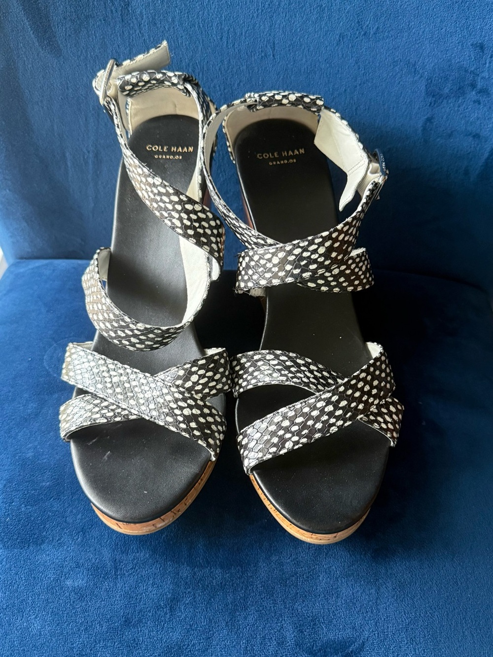 Cole Haan Black & White Snakeskin-Print Wedge Sandals